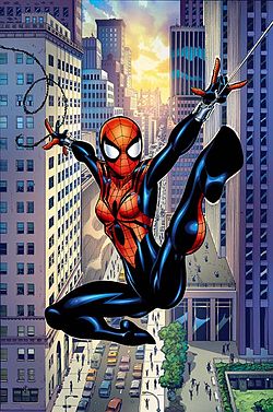 Spider-Girl swinging over the streets of New York.